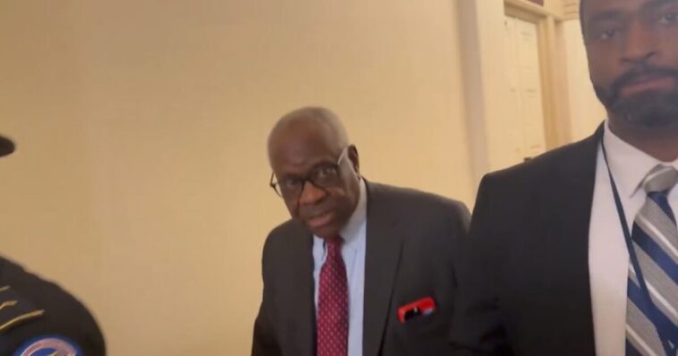 watch:-supreme-court-justice-clarence-thomas-brushes-off-reporter-asking-why-he’s-walking-through-house-side-of-capitol