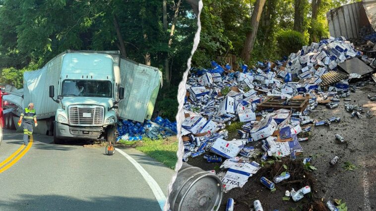 thousands-of-beer-cans-spill-across-connecticut-highway-after-tractor-trailer-overturns