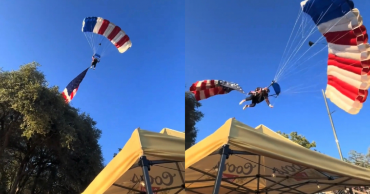 whoa!-skydiver-at-california-rodeo-snags-tree-and-crashes-into-tent-(video)