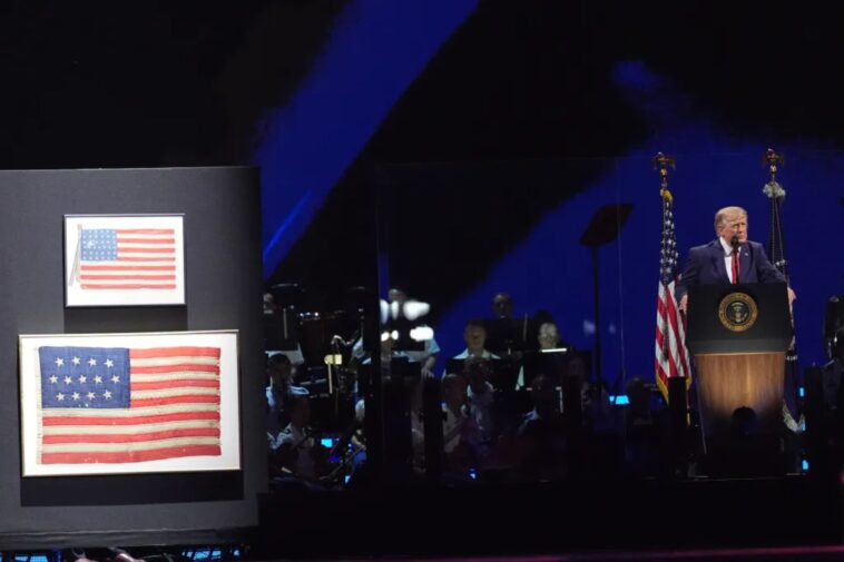 trump-has-one-of-the-country’s-first-flags-on-stage,-dating-from-1777,-during-fourth-of-july-speech