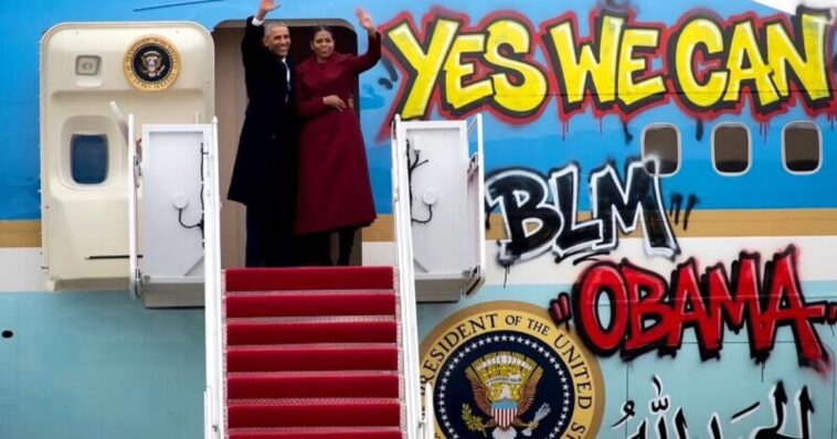 lol!-trump-roasts-obama-with-graffitied-air-force-one-that-reads-“praise-be-to-allah”-in-arabic-–-fake-news-calls-it-a-racist-“coded-message”