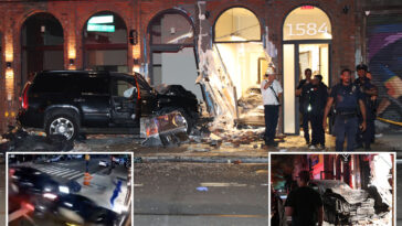 wild-video-shows-2-cars-almost-hit-pedestrian-as-they-smash-into-nyc-building-in-suspected-road-rage