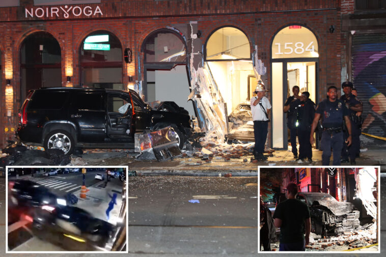 wild-video-shows-2-cars-almost-hit-pedestrian-as-they-smash-into-nyc-building-in-suspected-road-rage