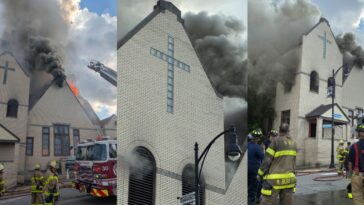 massive-fire-engulfs-church-in-pittsburgh;-firefighter-hospitalized-for-heat-exhaustion,-man-with-out-of-state-warrant-arrested-at-scene-(video)