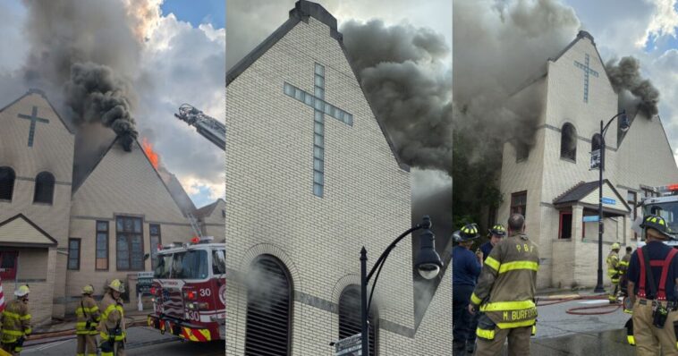 massive-fire-engulfs-church-in-pittsburgh;-firefighter-hospitalized-for-heat-exhaustion,-man-with-out-of-state-warrant-arrested-at-scene-(video)