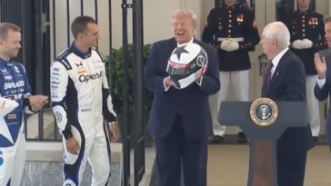 watch:-indycar-racers-gift-trump-with-custom-race-helmet-–-trump-says-indycar-race-to-be-“awesome-display-of-american-patriotism,-raw-horsepower-and-ingenuity”
