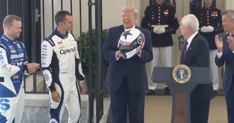 watch:-indycar-racers-gift-trump-with-custom-race-helmet-–-trump-says-indycar-race-to-be-“awesome-display-of-american-patriotism,-raw-horsepower-and-ingenuity”