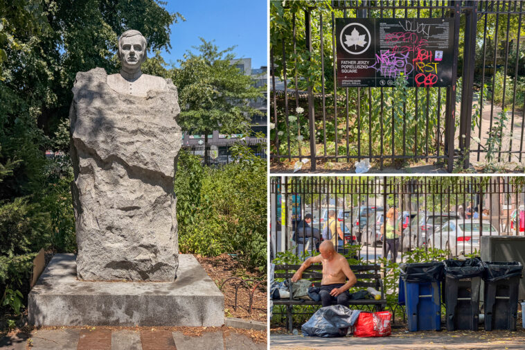 nyc-plaza-honoring-catholic-priest-overrun-by-vagrants,-trash-—-and-overpowering-odor
