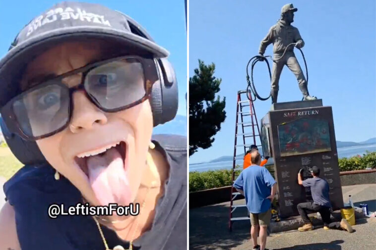 unhinged-woke-woman-goes-nuts,-vandalizes-tribute-to-fishermen-after-mistaking-rope-for-noose