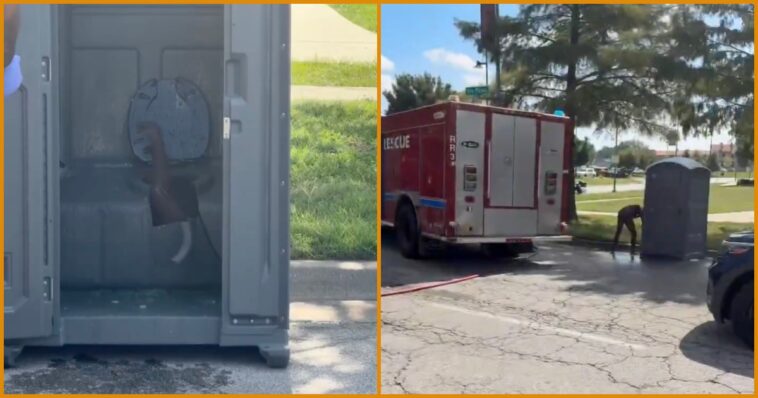 sh*tty-situation:-firefighters-forced-to-cut-apart-porta-potty-after-man-somehow-became-trapped-underneath-the-toilet