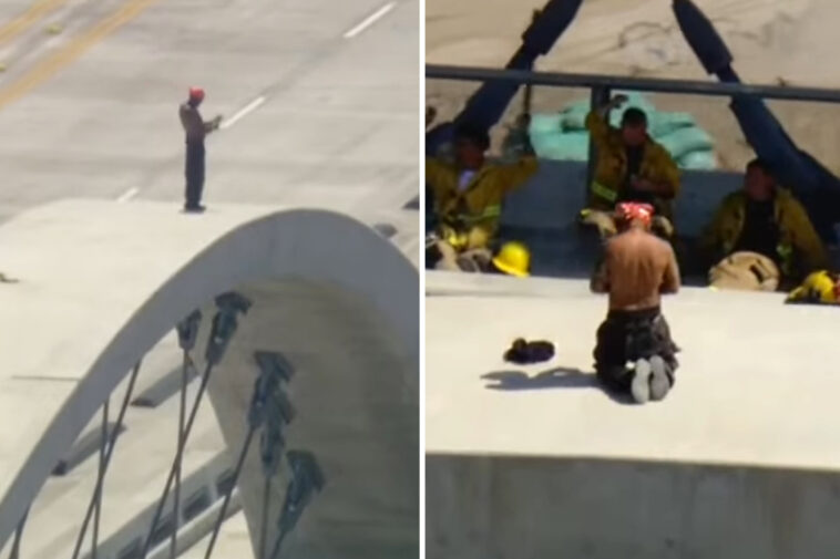 shirtless-madman-climbs-la’s-sixth-street-bridge,-holding-traffic-hostage