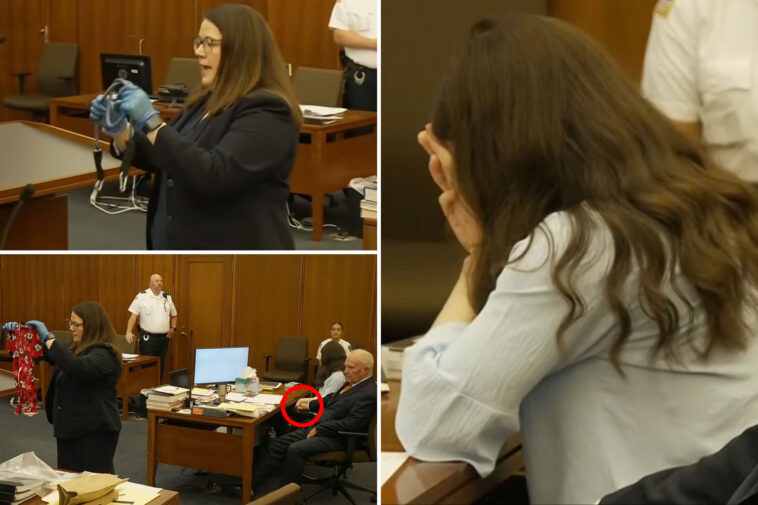 lindsay-clancy-sobs-at-trial-as-her-kids’-pjs,-exercise-bands-used-to-strangle-them-are-shown-to-jury