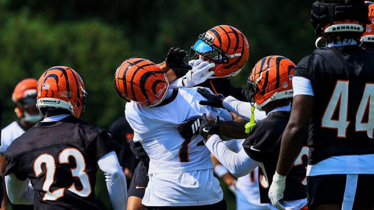 ja’marr-chase-throws-helmet-as-fight-breaks-out-on-first-day-of-bengals-training-camp