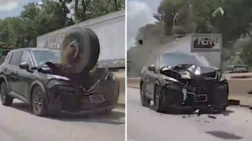 loose-tire-flies-across-philadelphia-highway,-pulverizes-front-end-of-suv:-wild-dashcam