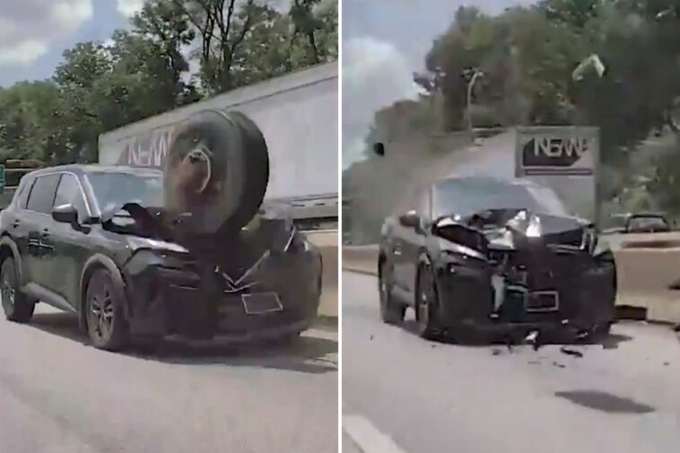 loose-tire-flies-across-philadelphia-highway,-pulverizes-front-end-of-suv:-wild-dashcam
