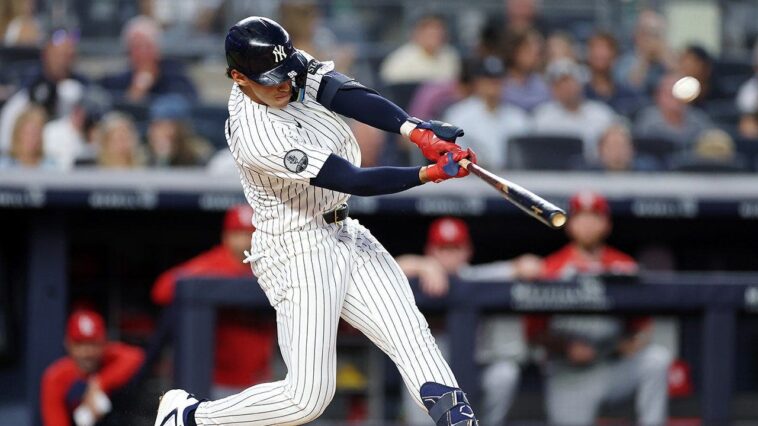 yankees’-george-lombard-jr,-replacing-embattled-anthony-volpe,-mashes-home-run-for-first-hit-in-mlb-debut