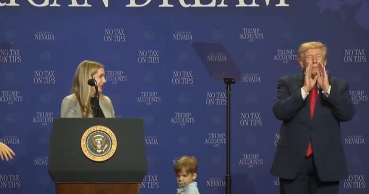 “i-didn’t-want-him-to-be-like-biden-and-fall-off-the-stage!”-–-trump-stops-toddler-from-running-off-stage-in-las-vegas-(video)