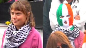 watch:-weird-greta-thunberg-wearing-keffiyeh-and-balaclava,-trying-to-escape-fans’-attention-at-pro-palestine-festival
