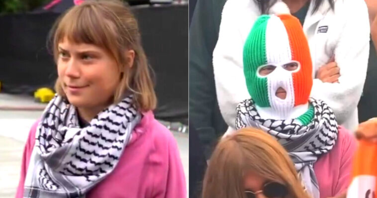 watch:-weird-greta-thunberg-wearing-keffiyeh-and-balaclava,-trying-to-escape-fans’-attention-at-pro-palestine-festival