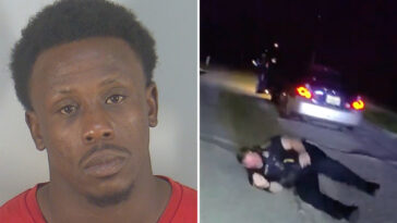 fleeing-suspect-speeds-off-with-an-officer-still-trapped-inside-car-during-routine-traffic-stop:-video