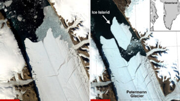 manhattan-sized-chunk-of-ice-breaks-away-from-greenland-glacier,-forming-icy-island