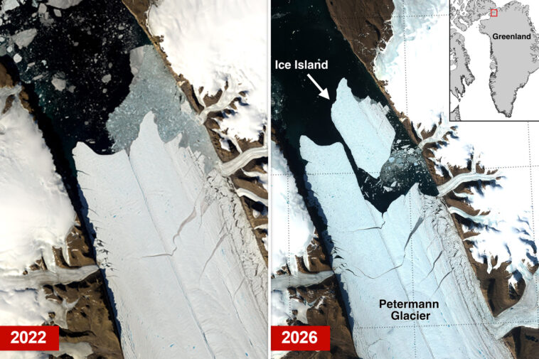 manhattan-sized-chunk-of-ice-breaks-away-from-greenland-glacier,-forming-icy-island