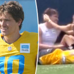 justin-herbert,-madison-beer-pack-on-the-pda-during-chargers’-joint-practice-with-49ers