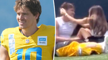 justin-herbert,-madison-beer-pack-on-the-pda-during-chargers’-joint-practice-with-49ers