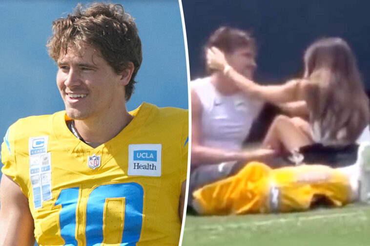 justin-herbert,-madison-beer-pack-on-the-pda-during-chargers’-joint-practice-with-49ers