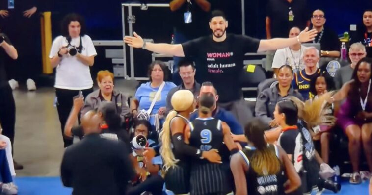 outrage:-enes-kanter-freedom-escorted-out-of-wnba-game-after-chicago-sky-guard-melts-down-in-furious-tirade-over-his-“woman:-adult-human-female”-shirt-(video)