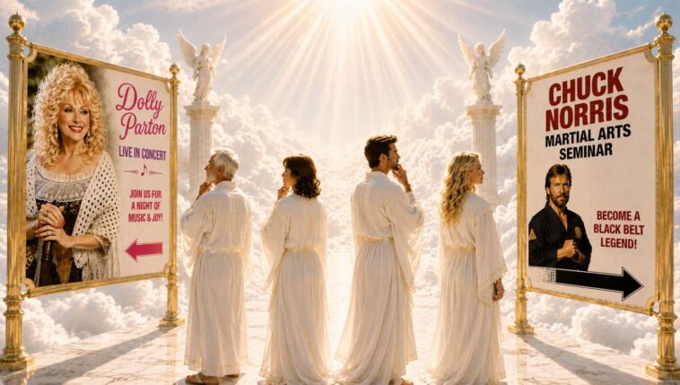 residents-of-heaven-torn-between-attending-chuck-norris’s-martial-arts-seminar-and-going-to-dolly-parton-show