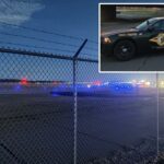 airport-chaos-erupts-after-driver-suddenly-smashes-through-fence,-hits-plane-and-tractor:-police