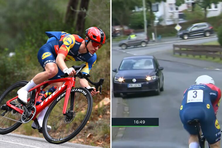 cyclist-narrowly-avoids-collision-with-car-on-german-race-course-just-weeks-after-fatal-crash