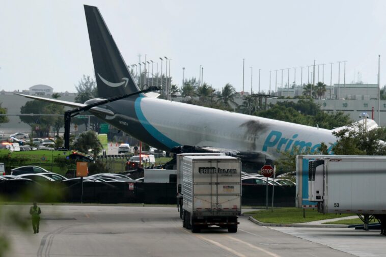 amazon-cargo-jet-skids-off-runway,-bursts-into-flames-outside-miami-airport