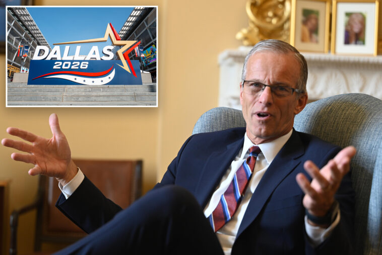 senate-majority-leader-john-thune-to-work-sidelines-of-gop-midterm-convention,-as-johnson-takes-spotlight