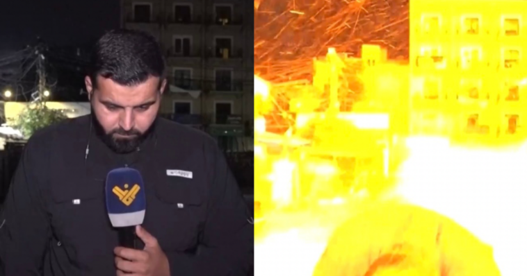viral-clip-shows-pro-terrorist-reporter-for-hezbollah-controlled-station-nearly-being-hit-by-israeli-airstrike-in-lebanon-(video)