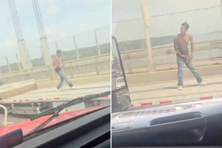 nyc-daredevil-dances,-jumps-on-flatbed-truck-as-it-speeds-across-george-washington-bridge,-wild-video-shows