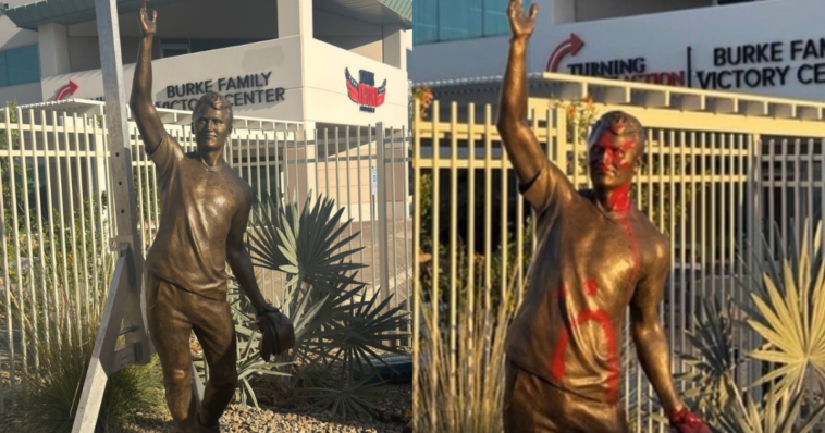 sick:-leftists-vandalize-newly-unveiled-charlie-kirk-statue-at-tpusa-headquarters-in-phoenix-with-red-paint-to-symbolize-blood-(video)