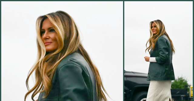 fashion-notes:-melania-trump-returns-to-north-carolina-in-nour-hammour-green-leather-jacket