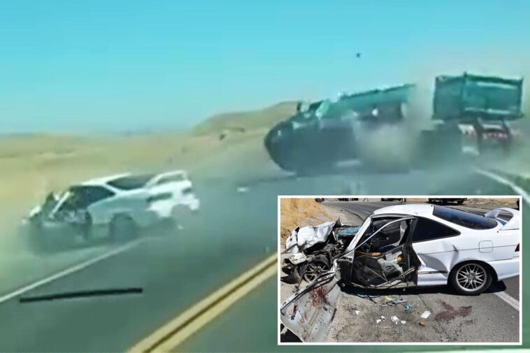 horrific-moment-sports-car-crosses-california-highway-and-flips-massive-truck-and-trailer