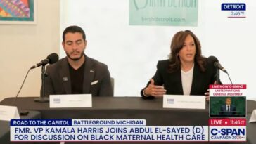 abdul-el-sayed-looks-miserable-as-kamala-harris-awkwardly-shouts-about-dei-during-campaign-event-about-“black-birthing-people”-(video)