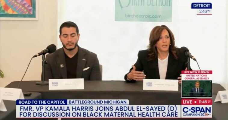 abdul-el-sayed-looks-miserable-as-kamala-harris-awkwardly-shouts-about-dei-during-campaign-event-about-“black-birthing-people”-(video)
