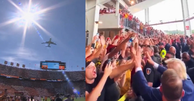 watch:-trump-buzzes-over-university-of-tennessee-football-stadium-on-air-force-one,-high-fives-fans-in-roaring-crowd