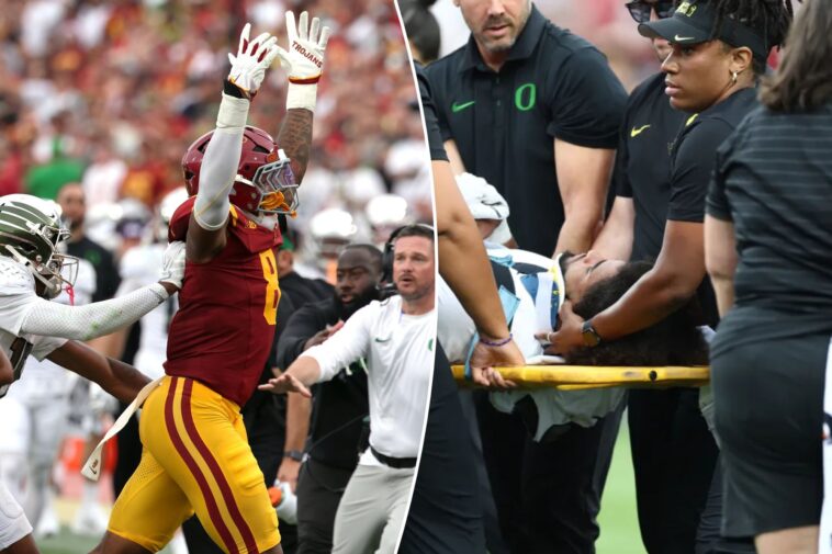 usc-linebacker-celebrates-after-brutal-hit-sends-oregon-qb-dante-moore-to-hospital