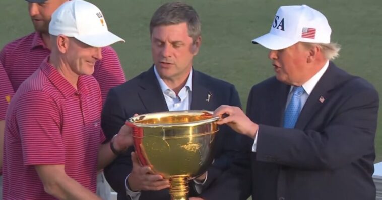 watch:-trump-presents-presidents-cup-tropy-to-team-usa-after-11th-straight-win-–-team-captain-credits-trump-for-the-win