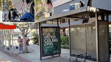homeless-man-makes-a-camp,-complete-with-shopping-cart,-atop-a-bus-shelter-in-upscale-la-neighborhood