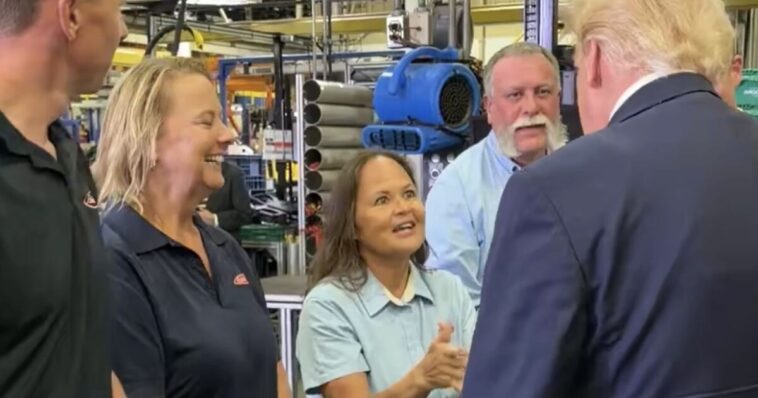 president-trump-hugs-hardworking-woman-at-peterbilt-motors-company-in-texas-(video)