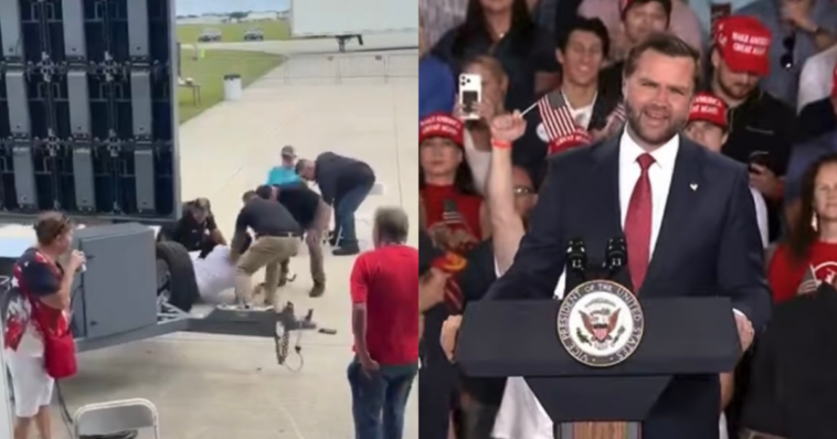 watch:-florida-police-throw-leftist-heckler-to-the-ground-during-vance-speech-–-vance-trolls-“democrat-plant”-as-crowd-chants-usa