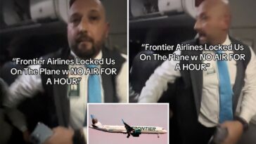 frontier-flight-attendant-pushes-screaming-passenger-who-appears-to-try-to-open-exit-door-after-flight-is-stranded-at-gate