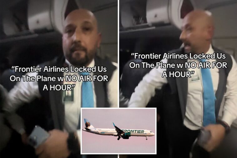 frontier-flight-attendant-pushes-screaming-passenger-who-appears-to-try-to-open-exit-door-after-flight-is-stranded-at-gate